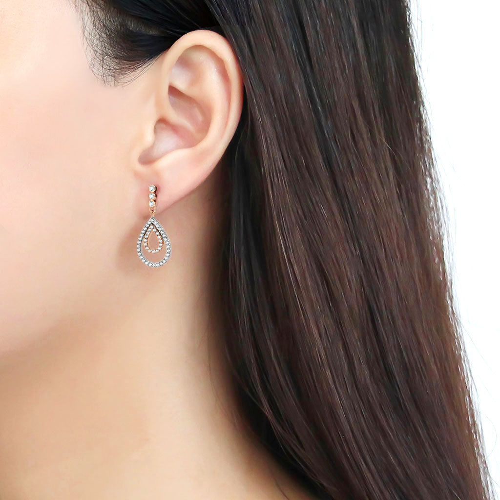CJ227 Wholesale Women&#39;s Stainless Steel Two-Tone IP Rose Gold AAA Grade CZ Clear Drop Earrings