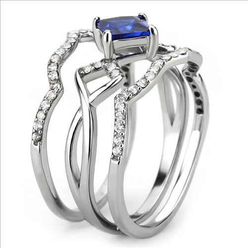 CJ272 Wholesale Women&#39;s Stainless Steel Spinel London Blue Wedding Ring Stackable Set