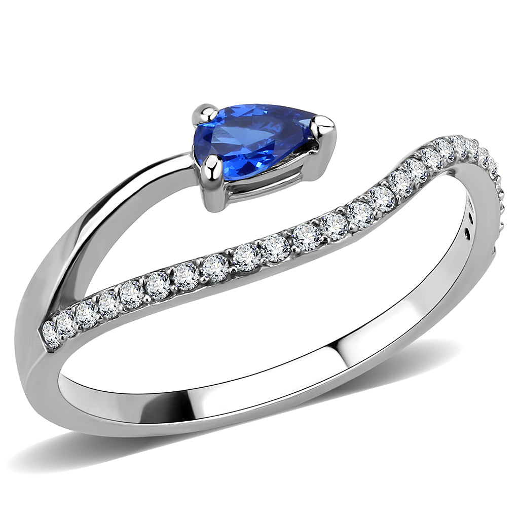 CJ273 Women&#39;s Stainless Steel London Blue Spinel Pear Cut Minimal Ring