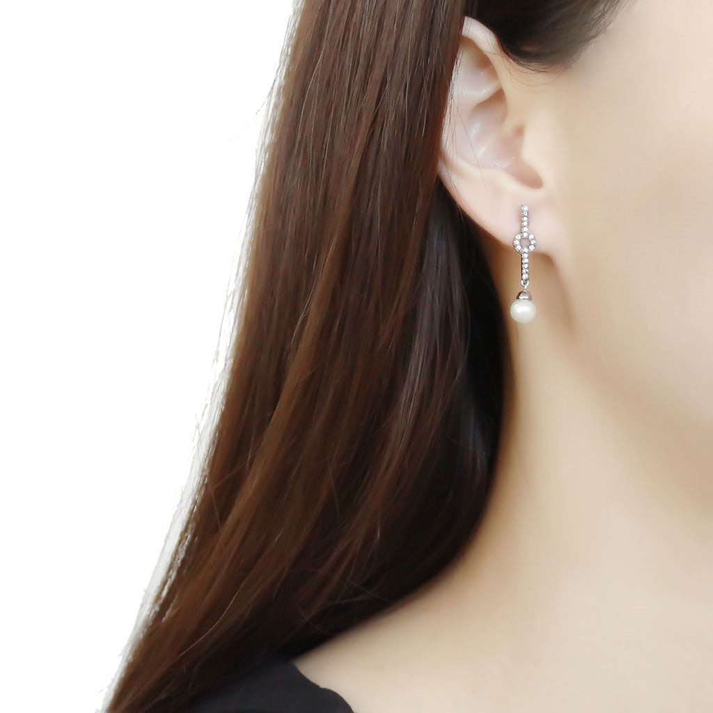 CJ370 Wholesale Women&#39;s Stainless Steel Synthetic White Pearl Drop Earrings