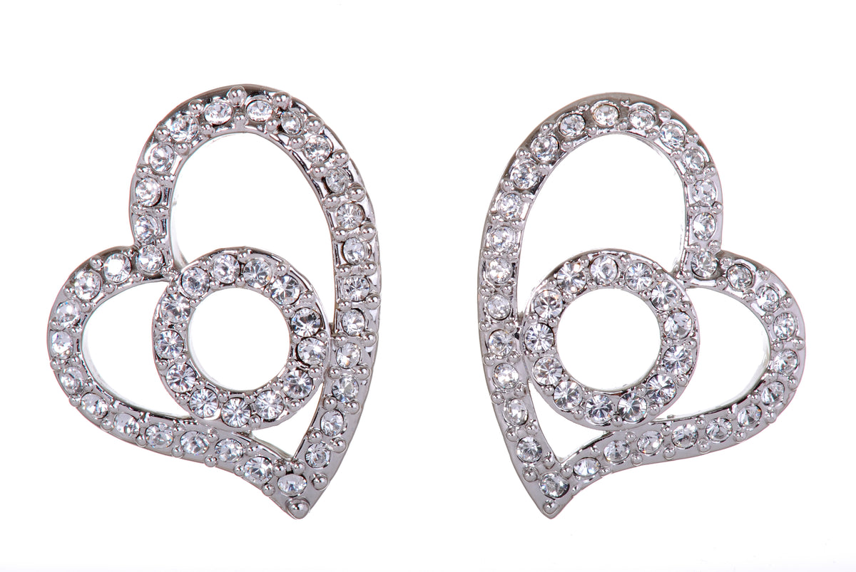 E7101 Stunning Heart and Circle Rhodium Plated Swarovski Crystal Earrings
