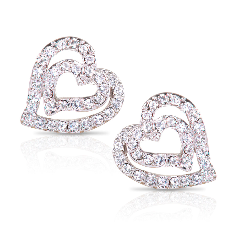 E7102 Assymetrical Dual Heart Rhodium Plated Swarovski Crystal Earrings