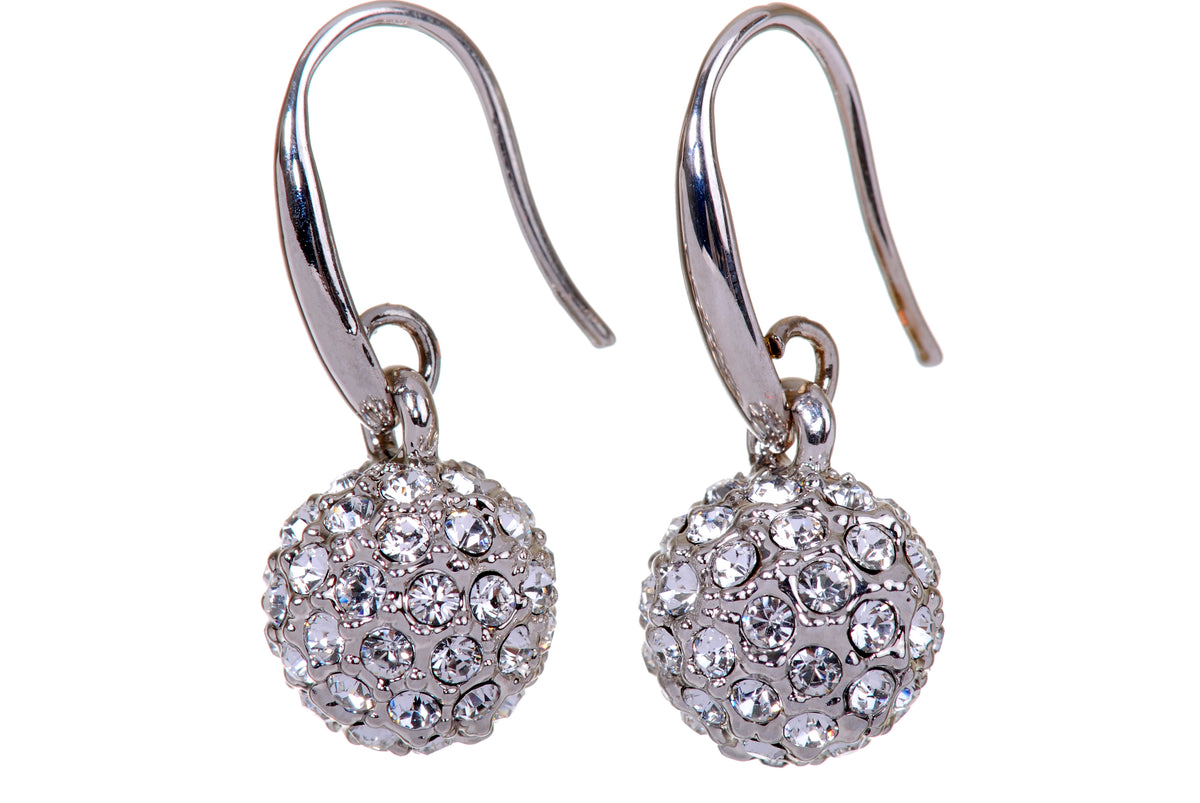 E7152 Sperichal Ball Rhodium Plated Swarovski Elements Crystal Earrings