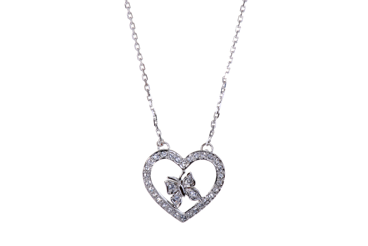 N7107 Swarovski Crystal Heart and Butterfly Rhodium Plated Pendent Necklace