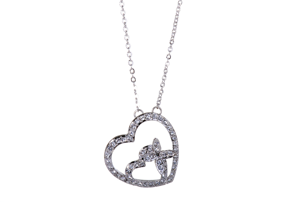 N7108 Heart In Heart Rhodium Swarovski Element Crystal Pendant Necklace
