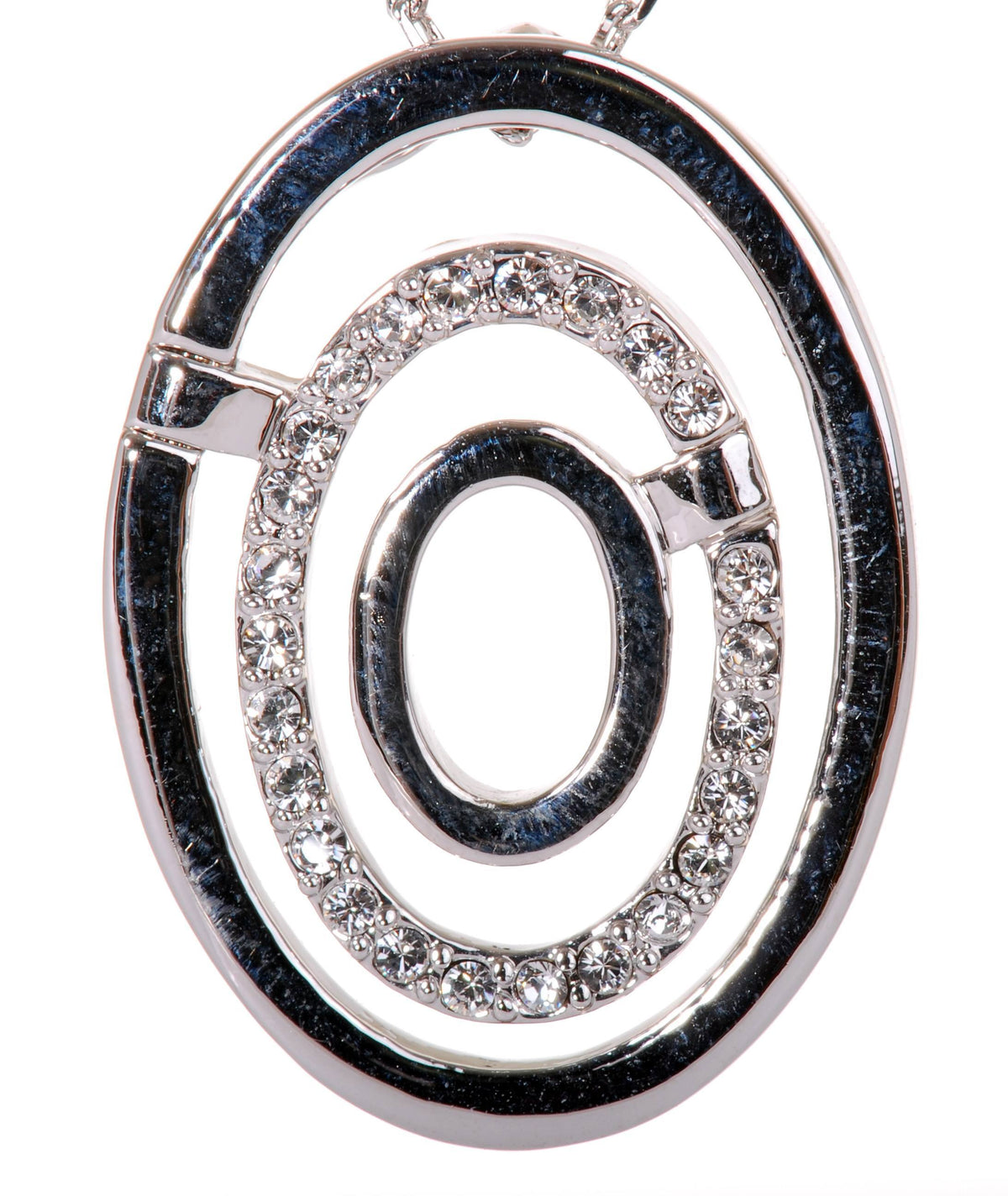 N7139 Rhodium Swarovski Triple Oval Pendant Necklace Crystal