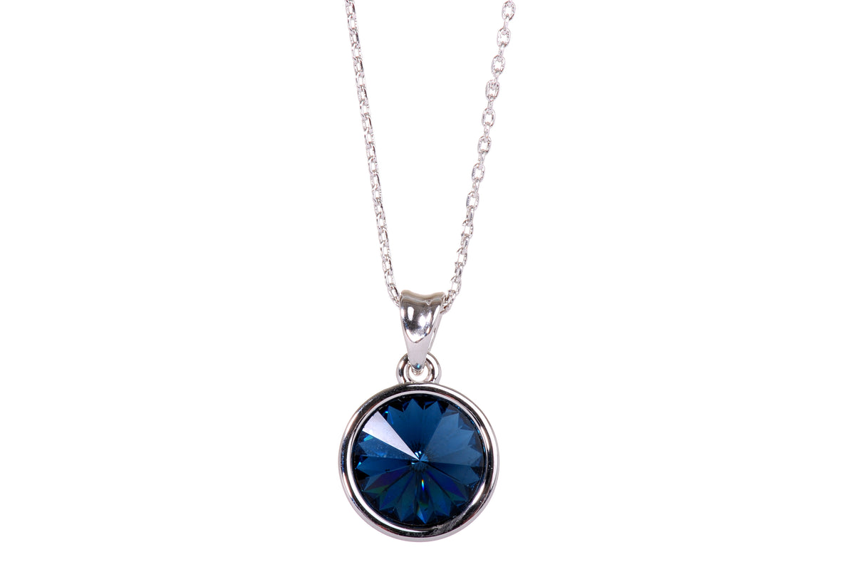 N7165 Brilliant Round Navy Blue Swarovski Crystal Elements Rhodium Plated Pendant Necklace