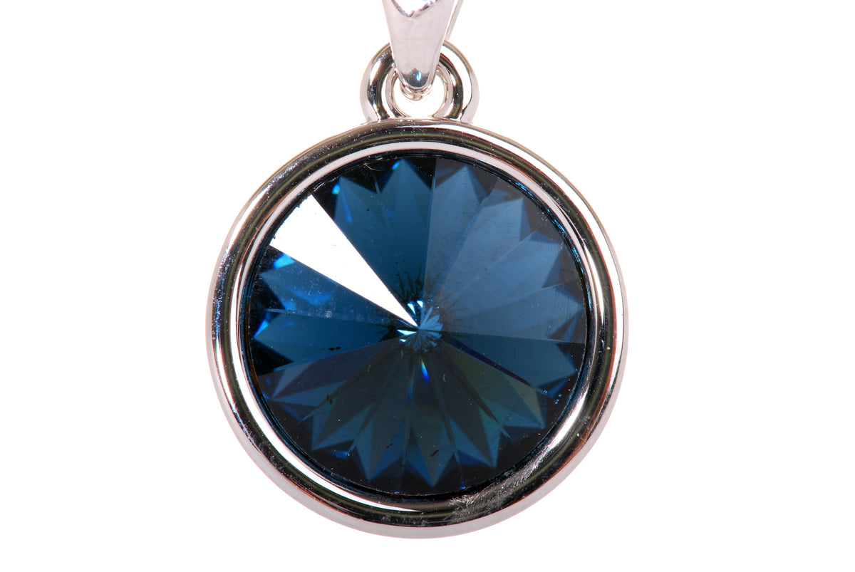 N7165 Brilliant Round Navy Blue Swarovski Crystal Elements Rhodium Plated Pendant Necklace