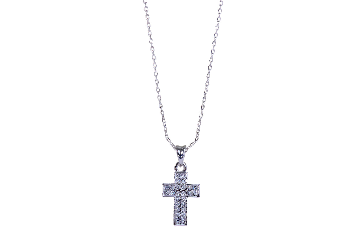 N7181 Rhodium Plated Swarovski Crystal Pave Cross Pendant Necklace