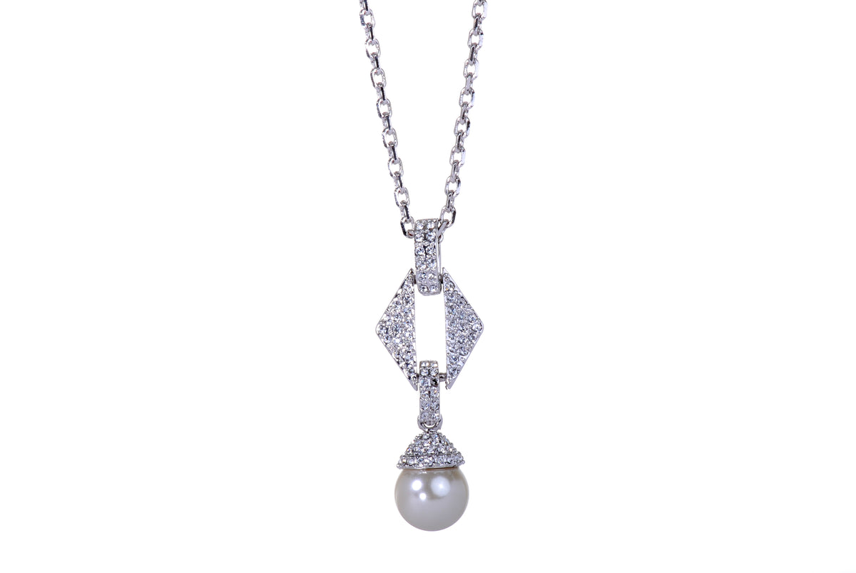 N7195 Intricate Drop Pearl Pendant Necklace with Rhodium Plated Swarovski Crystal Elements
