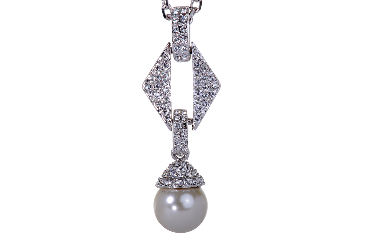 N7195 Intricate Drop Pearl Pendant Necklace with Rhodium Plated Swarovski Crystal Elements