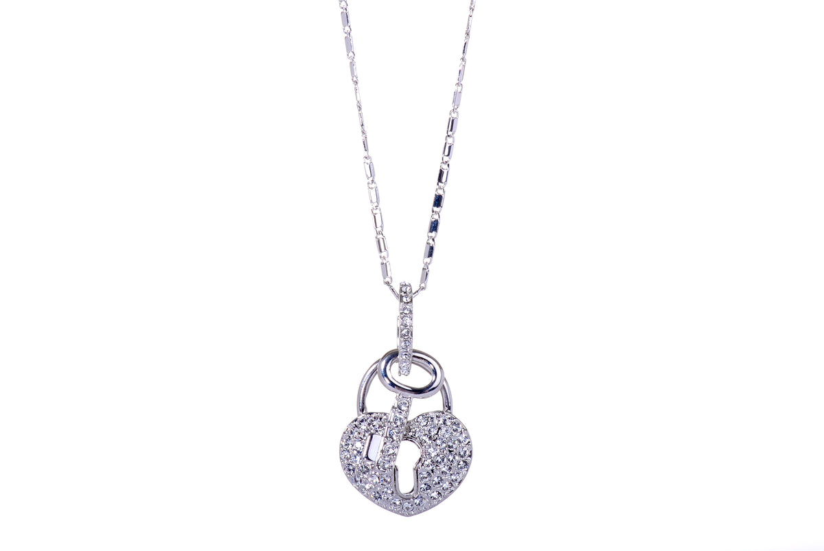 N7206 Delicate Heart Lock &amp; Key Rhodium Plated Pave Swarovski Crystal Pendant Necklace