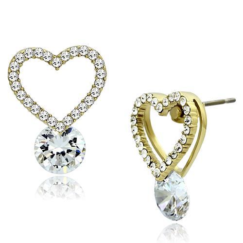 CJG2229 Wholesale Women&#39;s Stainless Steel IP Gold AAA Grade CZ Clear Heart Earrings