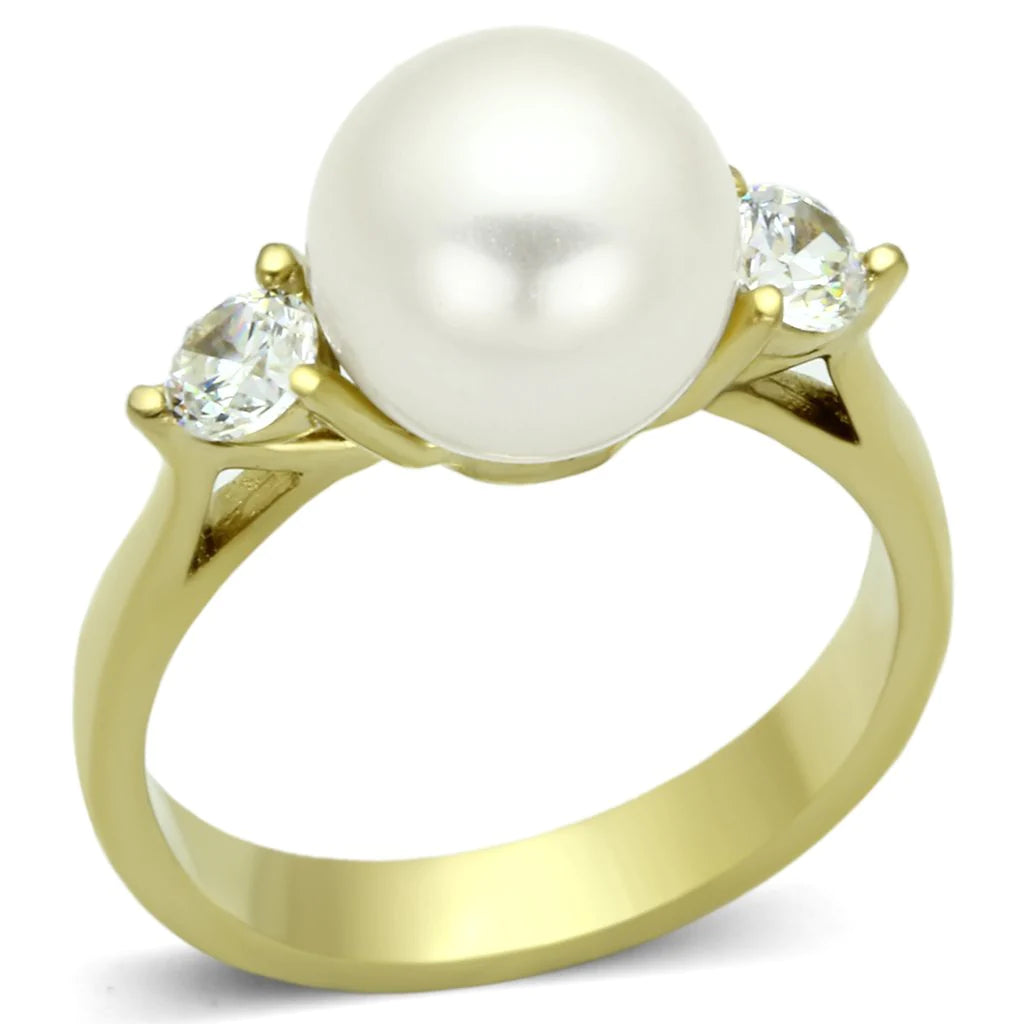 CJ1103 Wholesale Women&#39;s Stainless Steel IP Gold White Pearl Ring