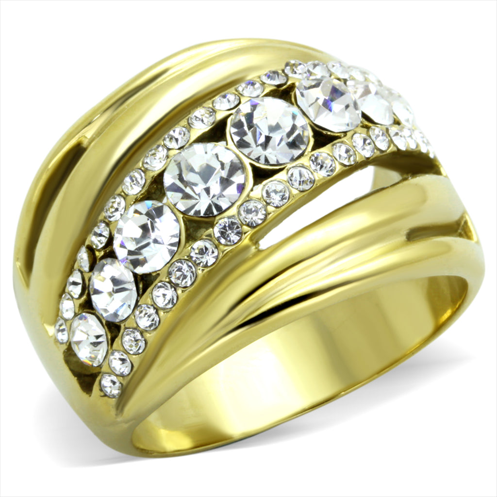 CJE1880 Sparkling Round Crystal Gold Plated Cocktail Ring
