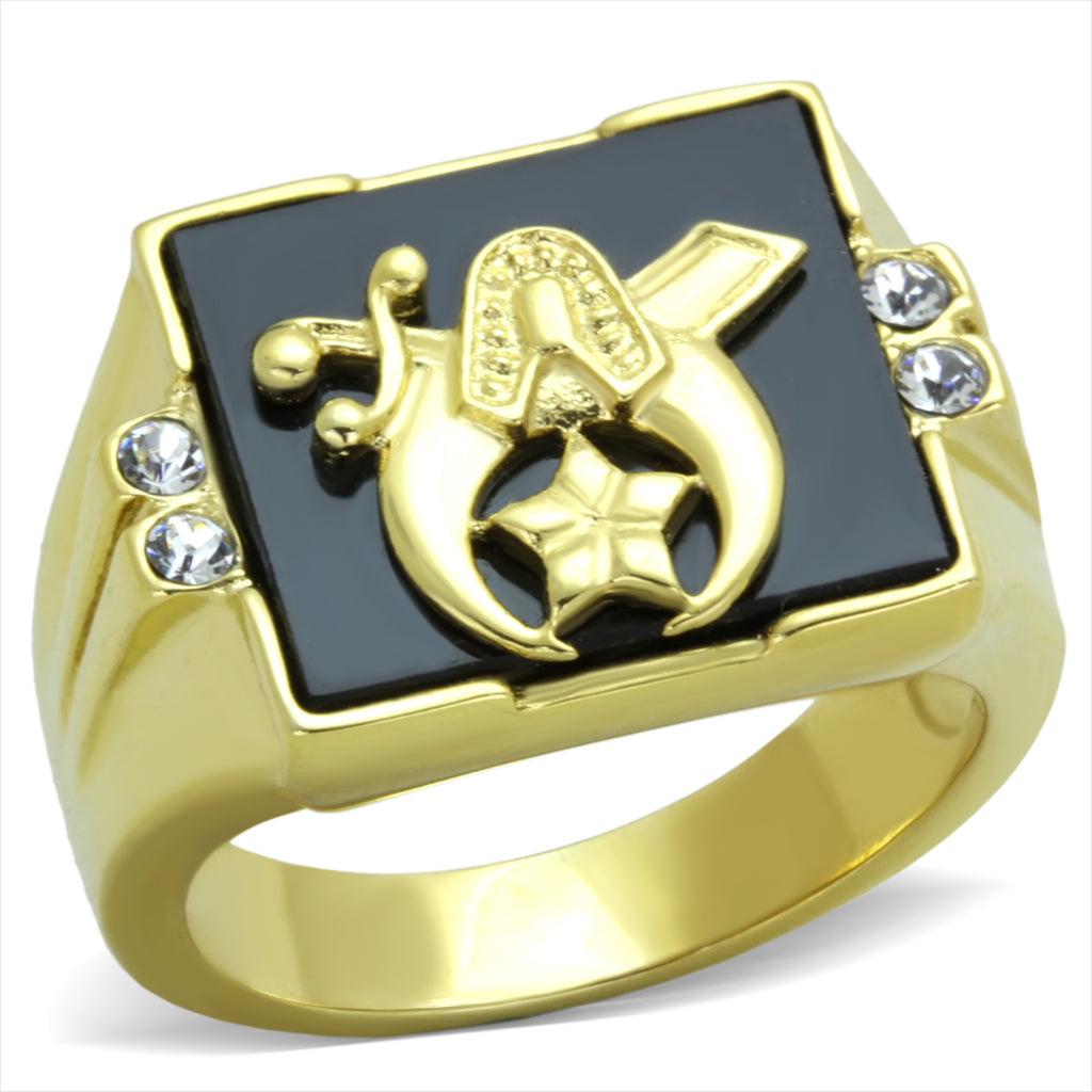 CJE1890 Wholesale Men&#39;s Stainless Steel IP Gold Synthetic Jet Black Onyx Shriner&#39;s Ring