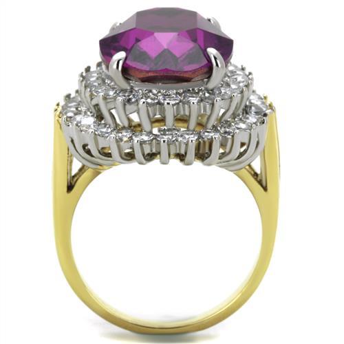 CJ1892 Wholesale Women&#39;s Stainless Steel Two-Tone IP Gold Top Grade Crystal Amethyst Purple Statement Ring