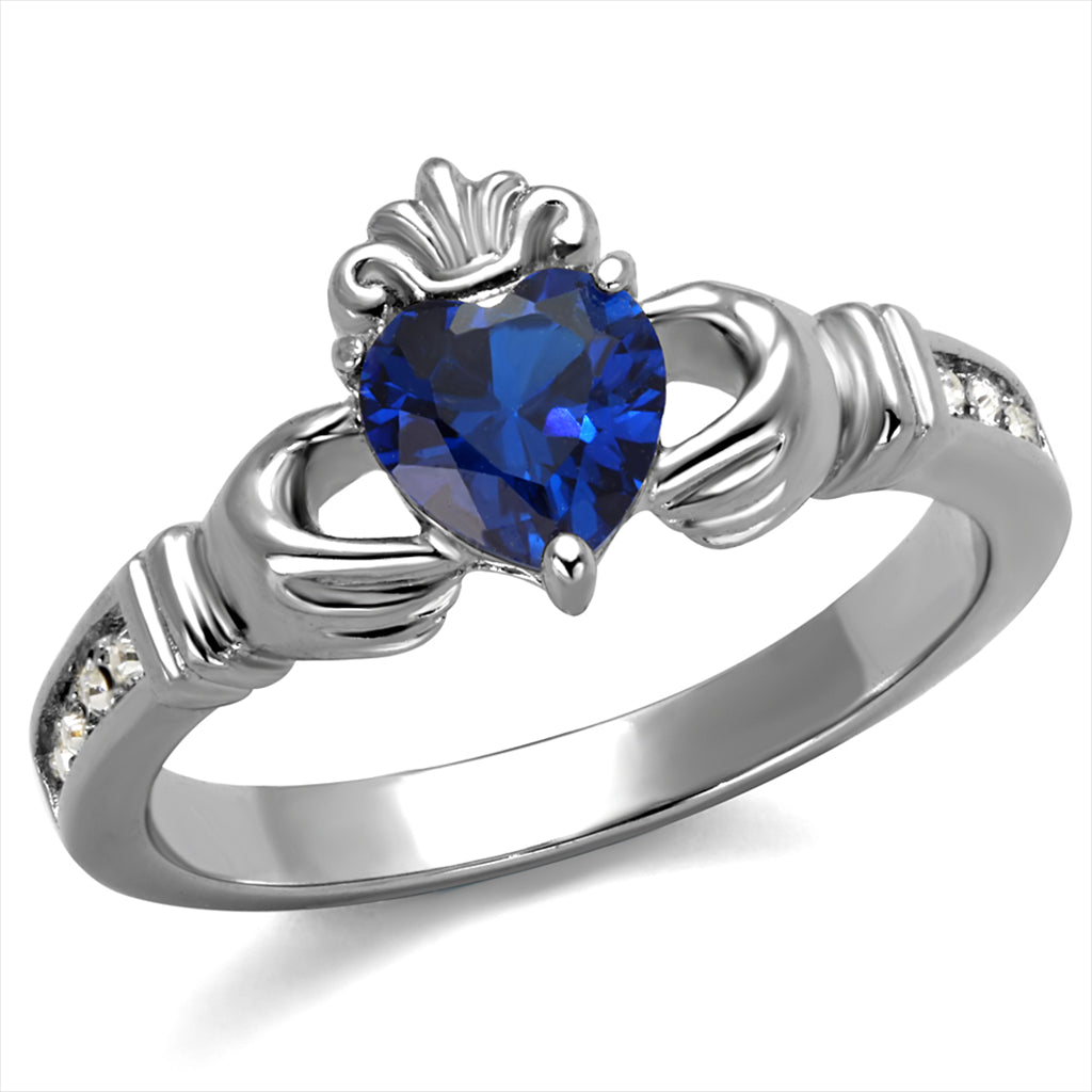 CJE2093 Synthetic Blue Spinel Stainless Steel Claddagh Ring