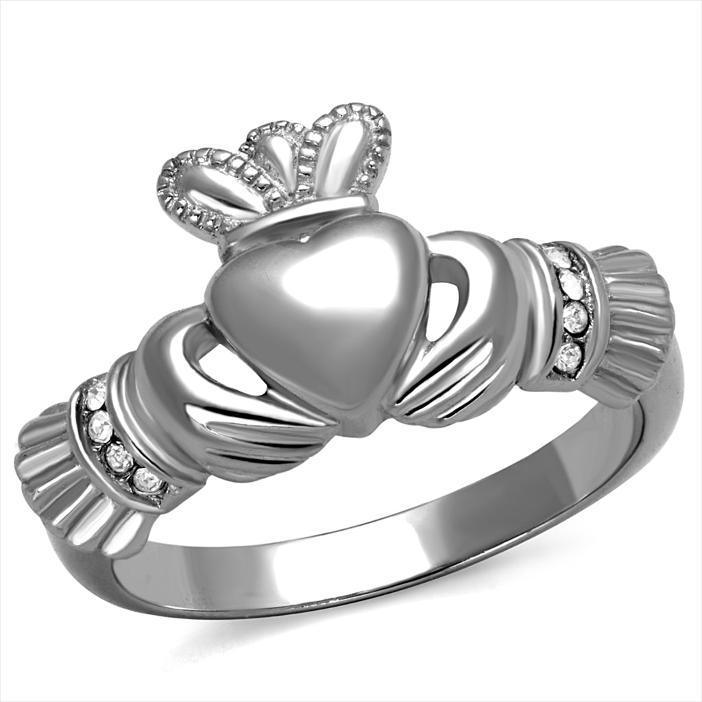 CJE2094 Clear Crystal Stainless Steel Claddagh Ring