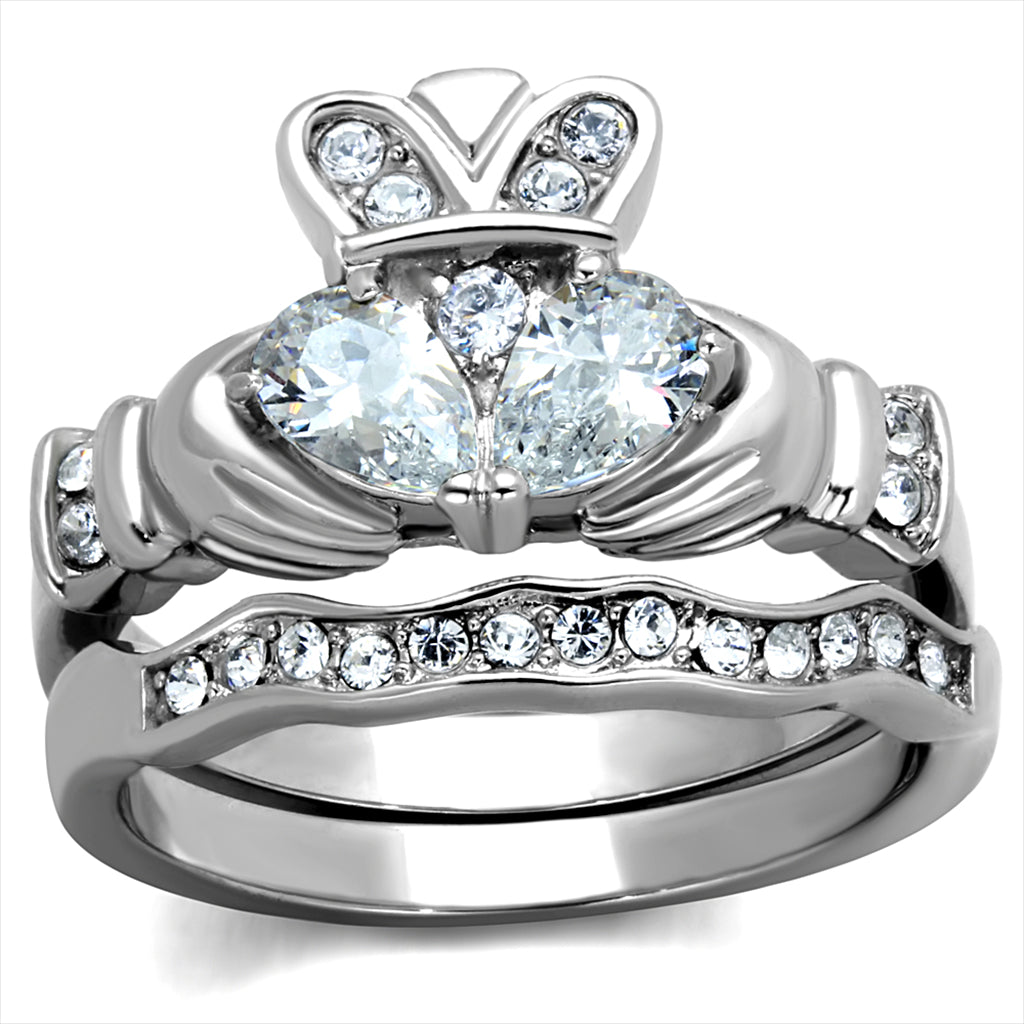 CJE2119 Women&#39;s Stainless Steel Clear CZ Claddagh Ring Set