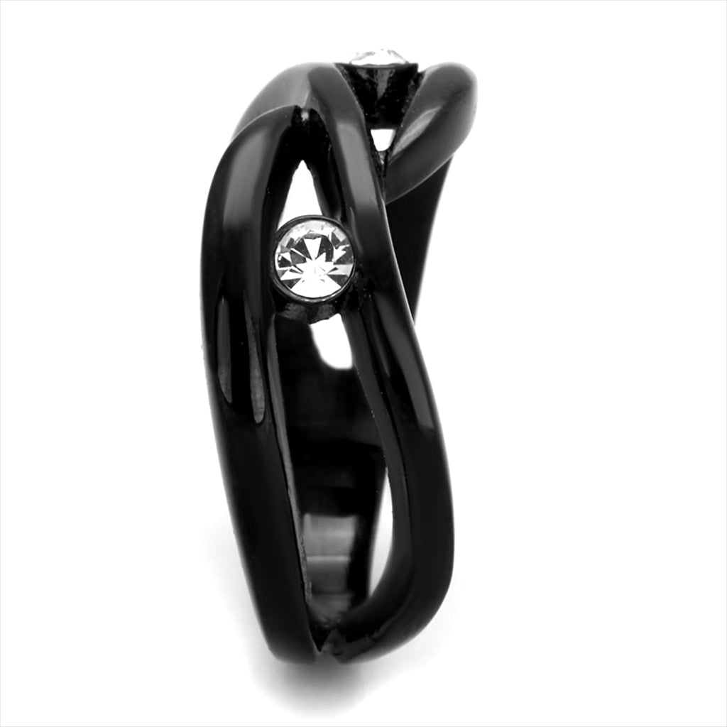 CJ2137 Wholesale Women&#39;s Stainless Steel IP Black Top Grade Crystal Clear Minimal Wrapped Ring