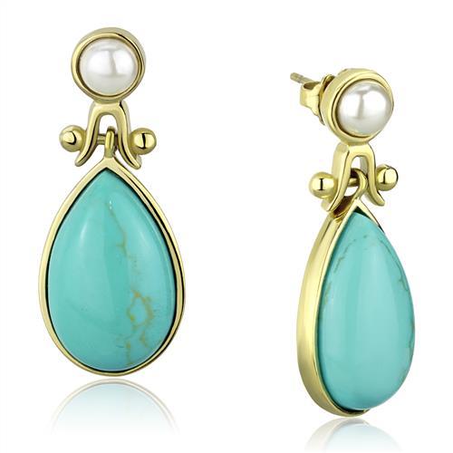 CJE2151 Wholesale Women&#39;s Stainless Steel IP Gold Turquoise Teardrop Earrings