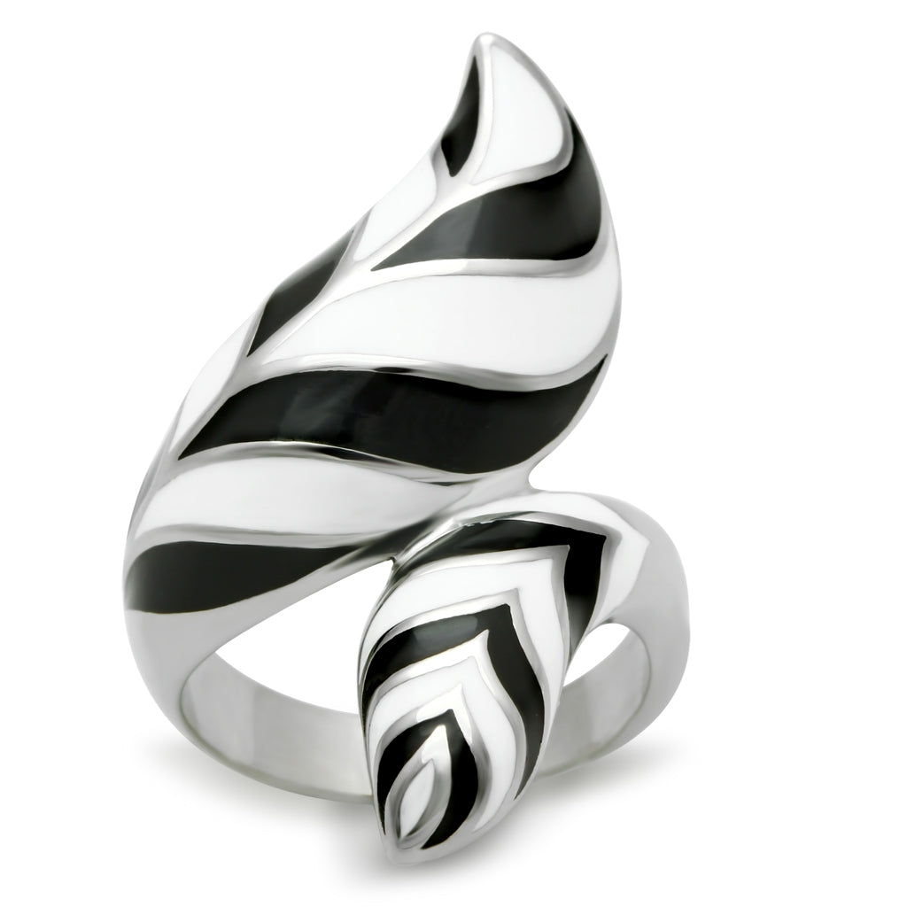 CJ227 Wholesale Women&#39;s Stainless Steel High polished Black &amp; White Leaf Spiral Ring