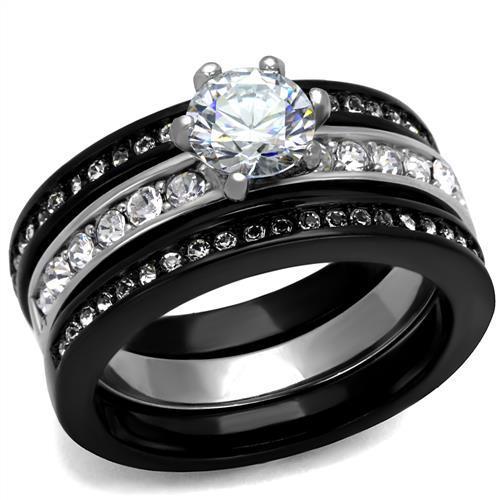 CJ2304 Wholesale Women&#39;s Stainless Steel Two-Tone IP Black AAA Grade CZ Clear Wedding Ring Set