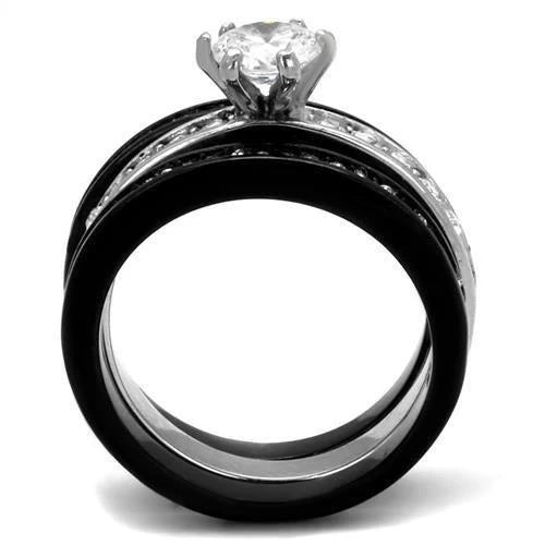 CJ2304 Wholesale Women&#39;s Stainless Steel Two-Tone IP Black AAA Grade CZ Clear Wedding Ring Set
