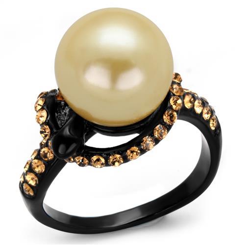 CJ2349 Wholesale Women&#39;s Stainless Steel IP Black Synthetic Pearl Topaz Ring