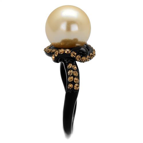 CJ2349 Wholesale Women&#39;s Stainless Steel IP Black Synthetic Pearl Topaz Ring