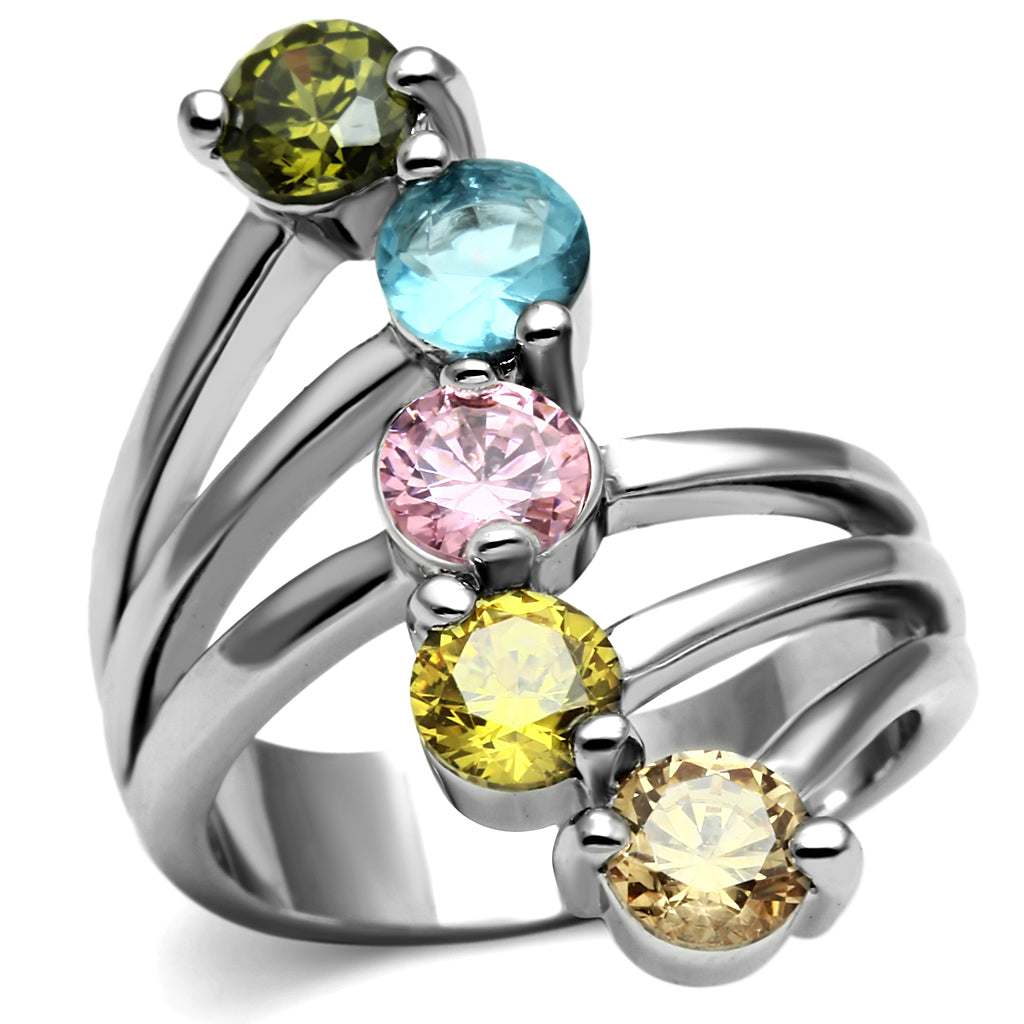CJE2876 Stainless Steel Multi Color CZ Cocktail Ring