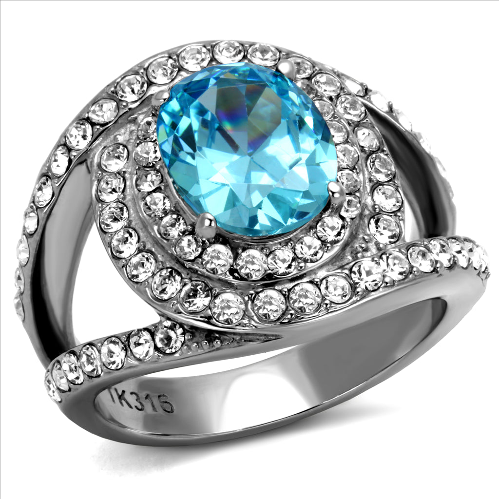 CJE2900 Stainless Steel Synthetic Sea Blue Glass Cocktail Ring