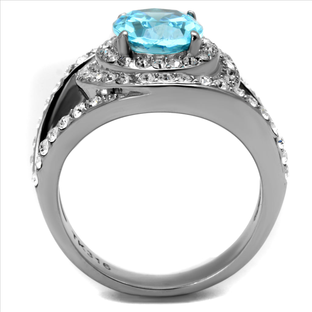 CJE2900 Stainless Steel Synthetic Sea Blue Glass Cocktail Ring