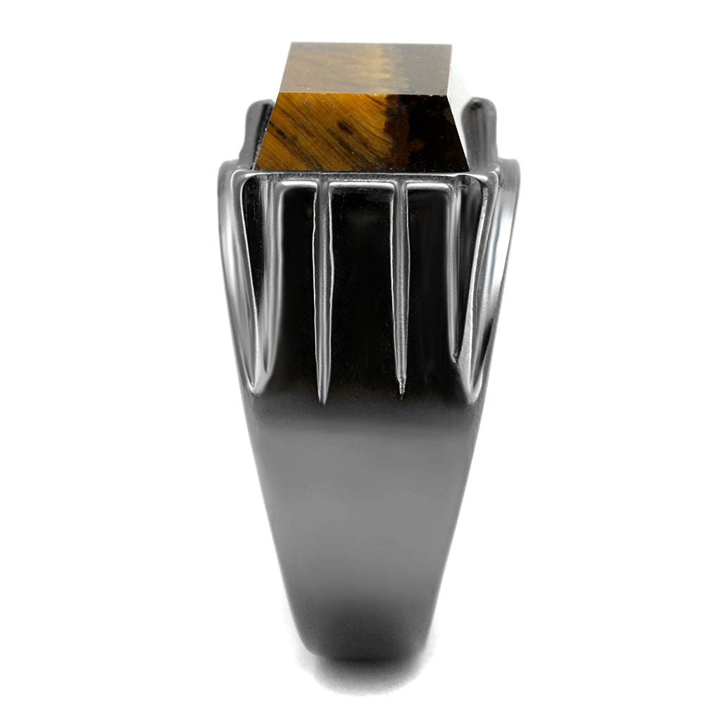 CJE3001 Wholesale Men&#39;s Stainless Steel IP Light Black Synthetic Tiger Eye Topaz Ring