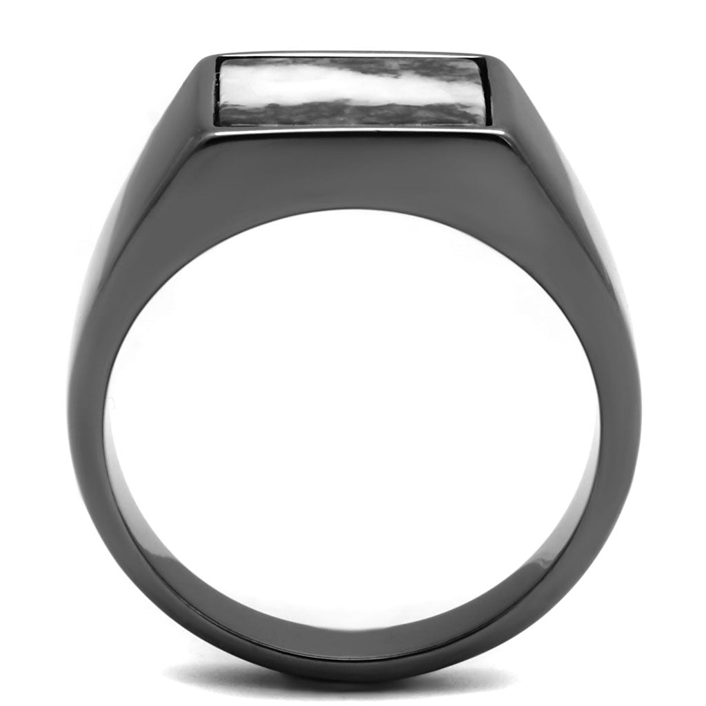 CJE3005 Wholesale Men&#39;s Stainless Steel IP Light Black Semi-Precious Zebra Jasper Square Gray Ring