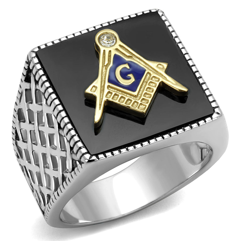 CJE3018 Wholesale Men&#39;s Stainless Steel Two Tone IP Gold Jet Black Agate Masonic Ring