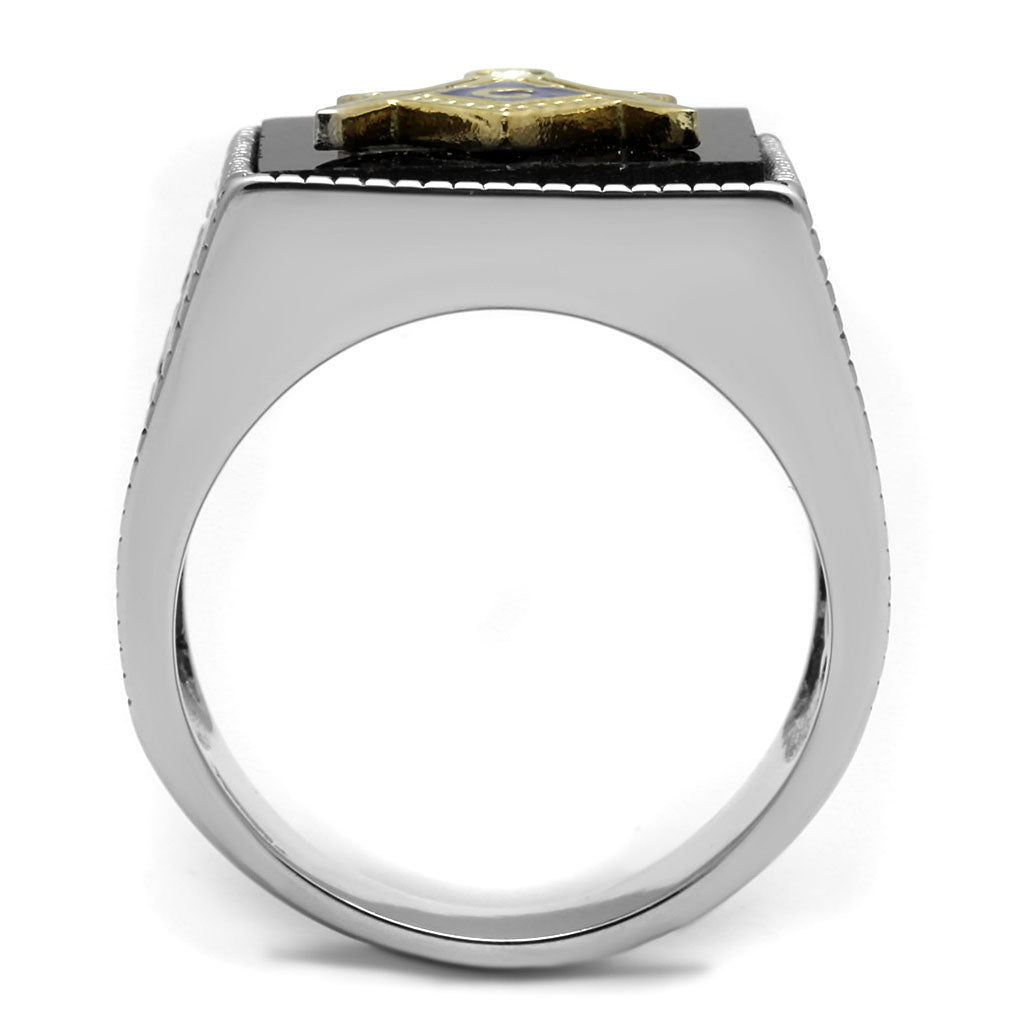 CJE3018 Wholesale Men&#39;s Stainless Steel Two Tone IP Gold Jet Black Agate Masonic Ring