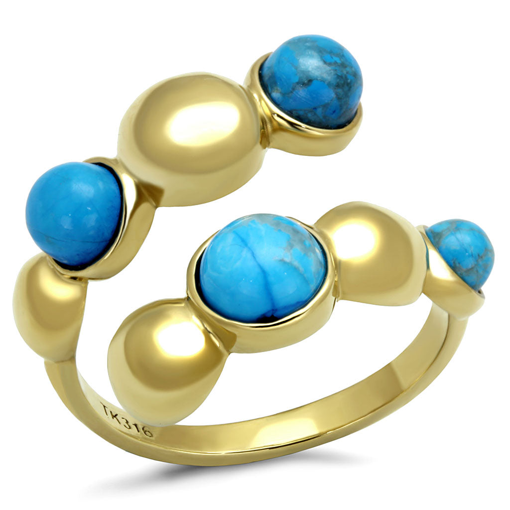 CJE3091 Wholesale Women&#39;s Stainless Steel IP Gold Round Semi-Precious Turquoise Minimal Bubble Ring