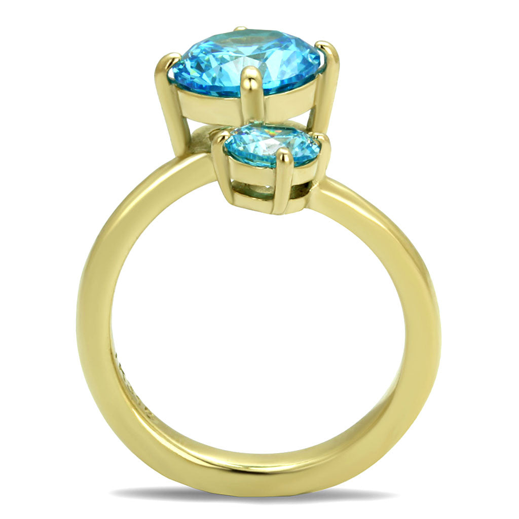 CJE3092 Wholesale Stainless Steel IP Gold Round Sea Blue Round CZ Ring