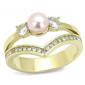 CJE3126 Wholesale Women&#39;s Stainless Steel IP Gold Rose Synthetic Pearl Ring