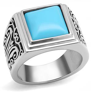 CJE3188 Wholesale Men&#39;s Stainless Steel Sea Blue Synthetic Turquoise Ring