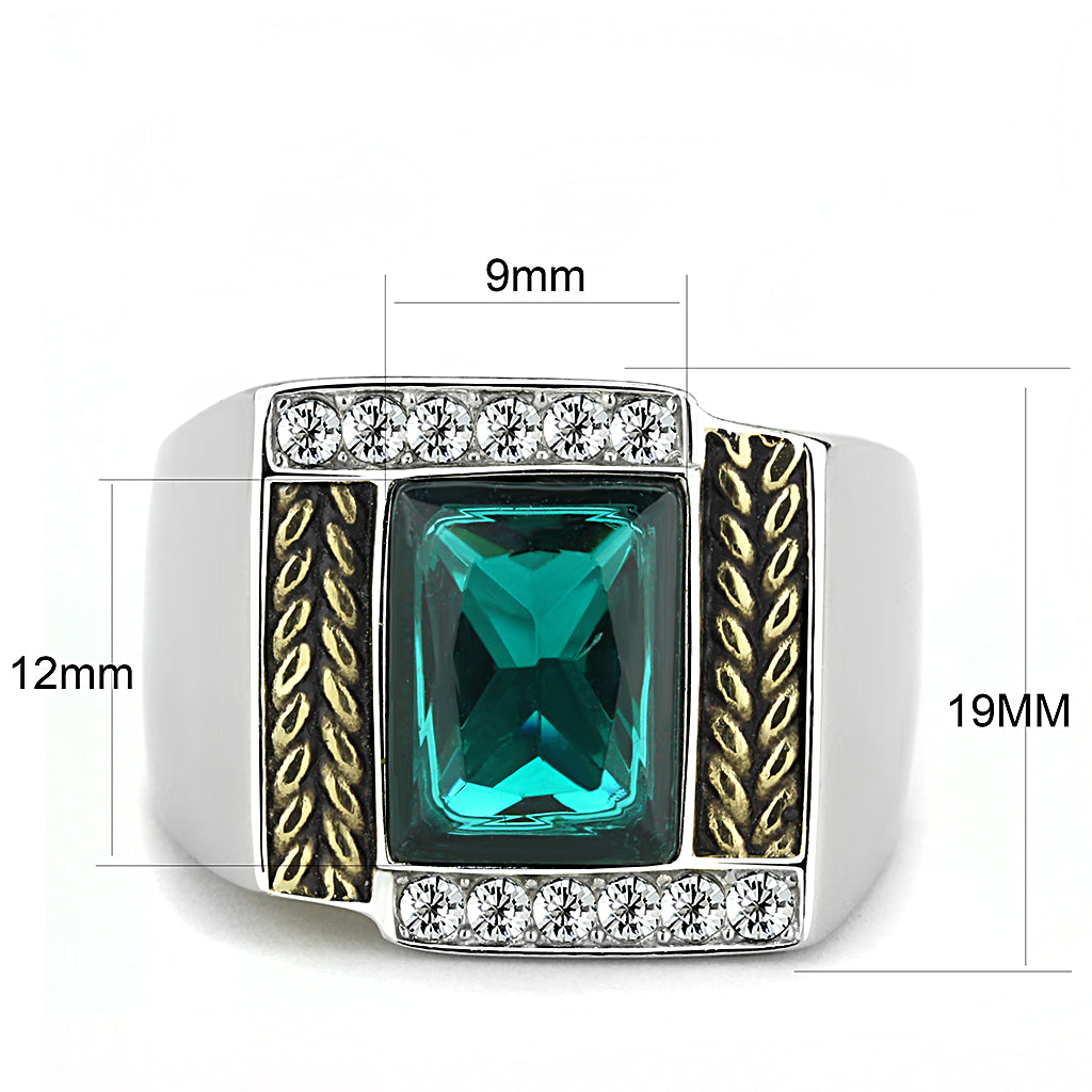 CJ3295 Wholesale Men&#39;s Stainless Steel Two-Tone IP Gold Synthetic Blue Zircon Ring