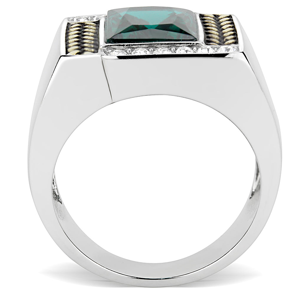CJ3295 Wholesale Men&#39;s Stainless Steel Two-Tone IP Gold Synthetic Blue Zircon Ring