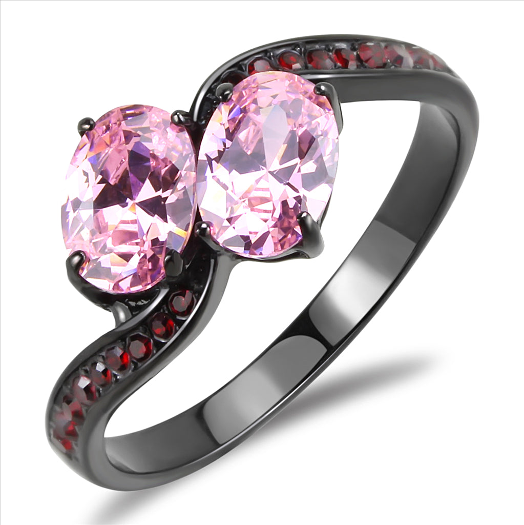 CJE3444 Wholesale Women&#39;s Stainless Steel IP Black Two Stone Rose Oval Cut Ring