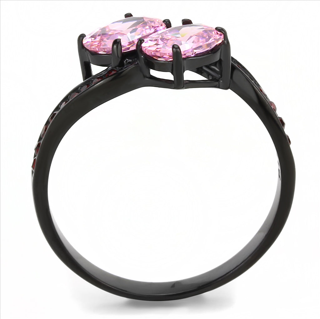 CJE3444 Wholesale Women&#39;s Stainless Steel IP Black Two Stone Rose Oval Cut Ring