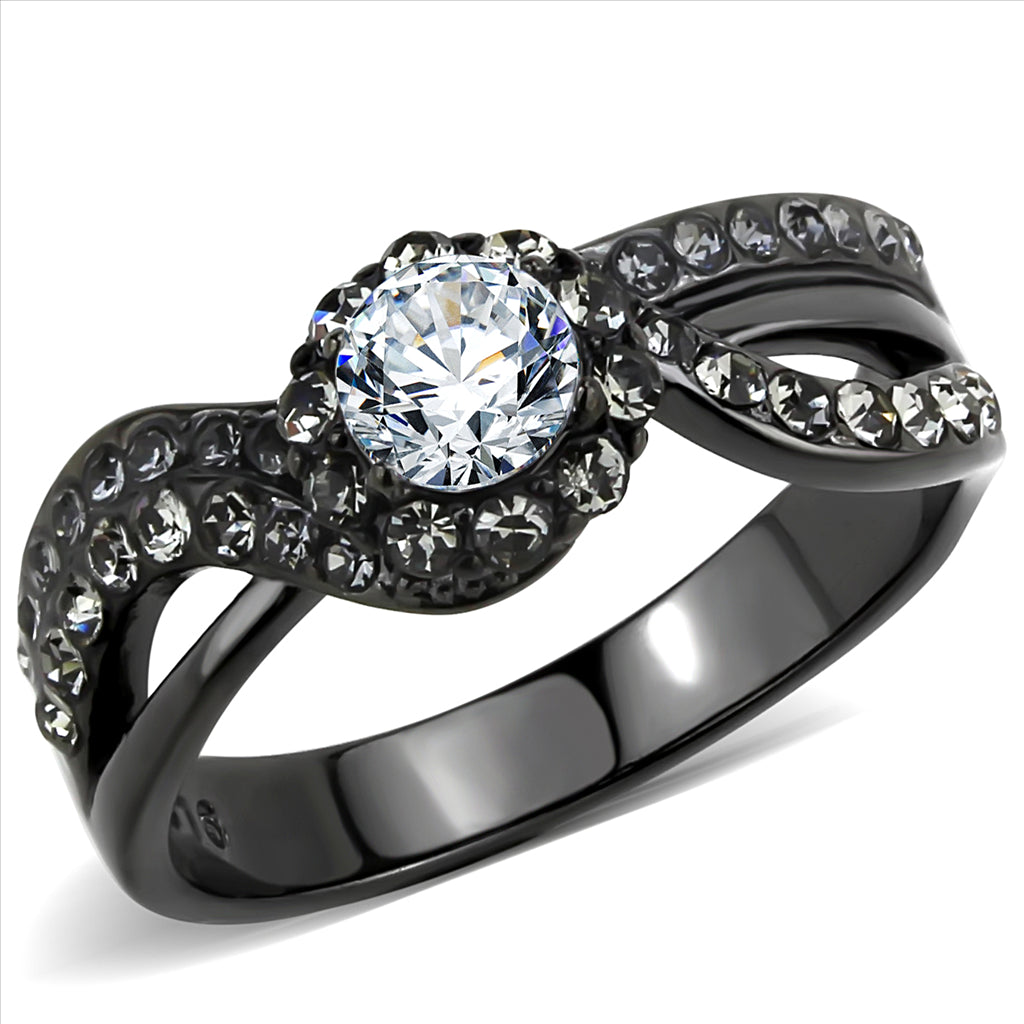 CJE3448 Wholesale Women&#39;s Stainless Steel Clear Synthetic IP Black Solitaire Ring