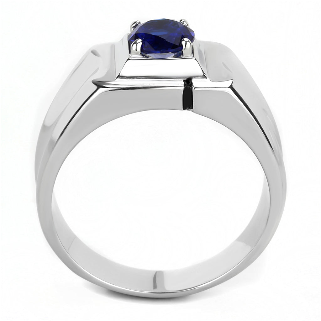 CJE3459 Wholesale Men&#39;s Stainless Steel Round Montana Synthetic Glass Solitaire Ring