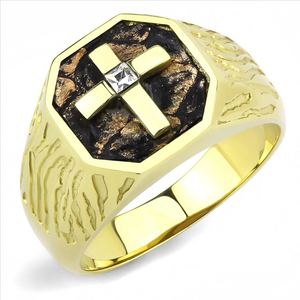 CJE3464 Wholesale Men&#39;s Stainless Steel IP Gold Natural Stone Cross Ring