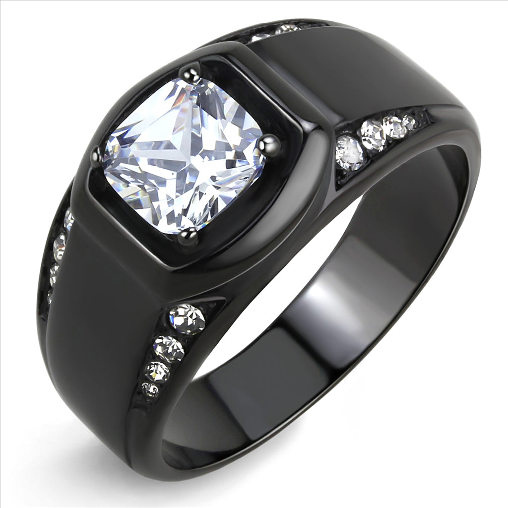 CJE3467 Wholesale Men&#39;s Stainless Steel Clear Synthetic Glass IP Black Ring